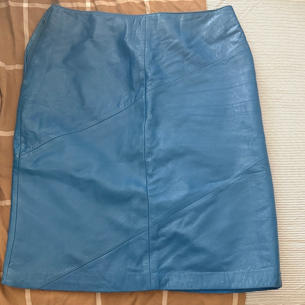 Rem Garson Teal-Blue Leather Pencil Skirt
